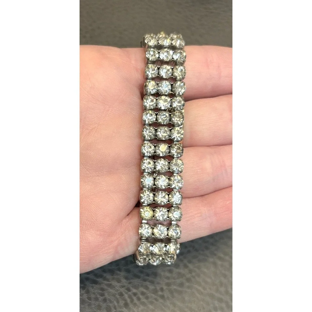 VTG Rhinestone Bracelet Silver Tone 3 Rows Art Deco - MCM Era Sparkly